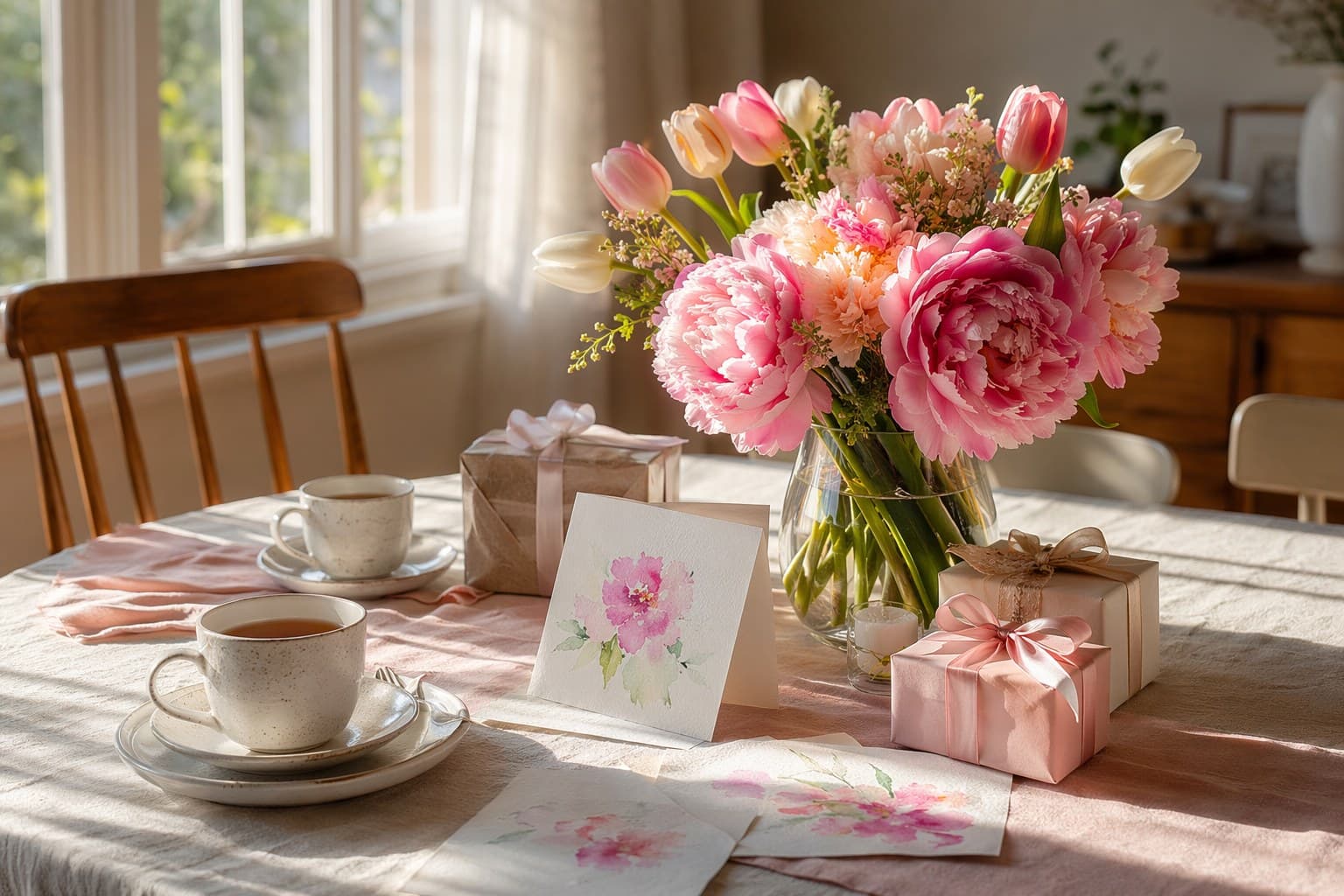 A celebration table set with fresh flowers, handmade cards, and small wrapped gifts in warm morning light
