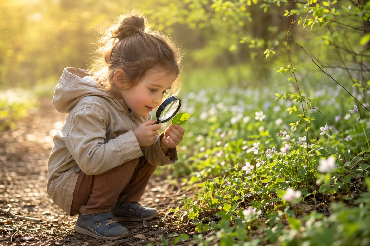 Young child crouched on a spring trail examining a leaf with a hand lens in golden morning light