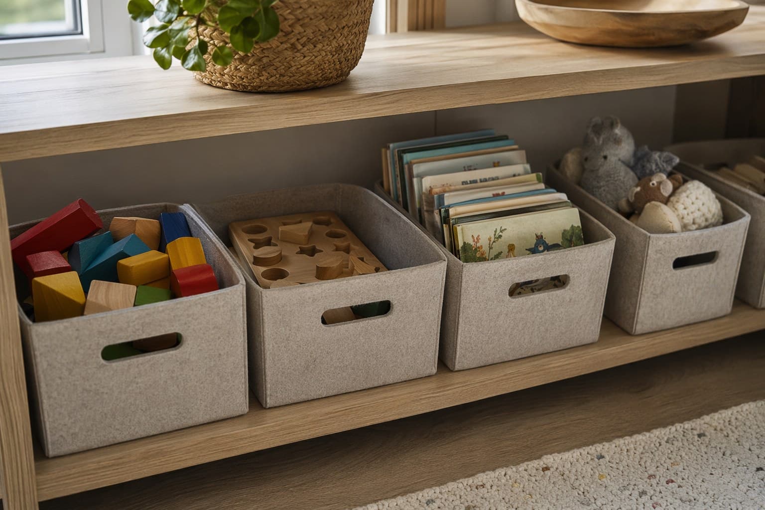 Low open shelf with five labeled bins holding blocks, a puzzle, and books, soft rainy daylight from a nearby window