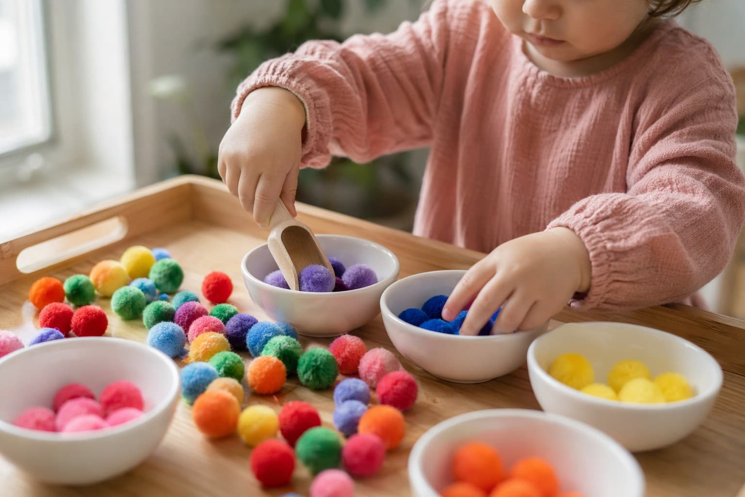 Toddler hands scooping and sorting colored pom-poms into small bowls on a wooden tray