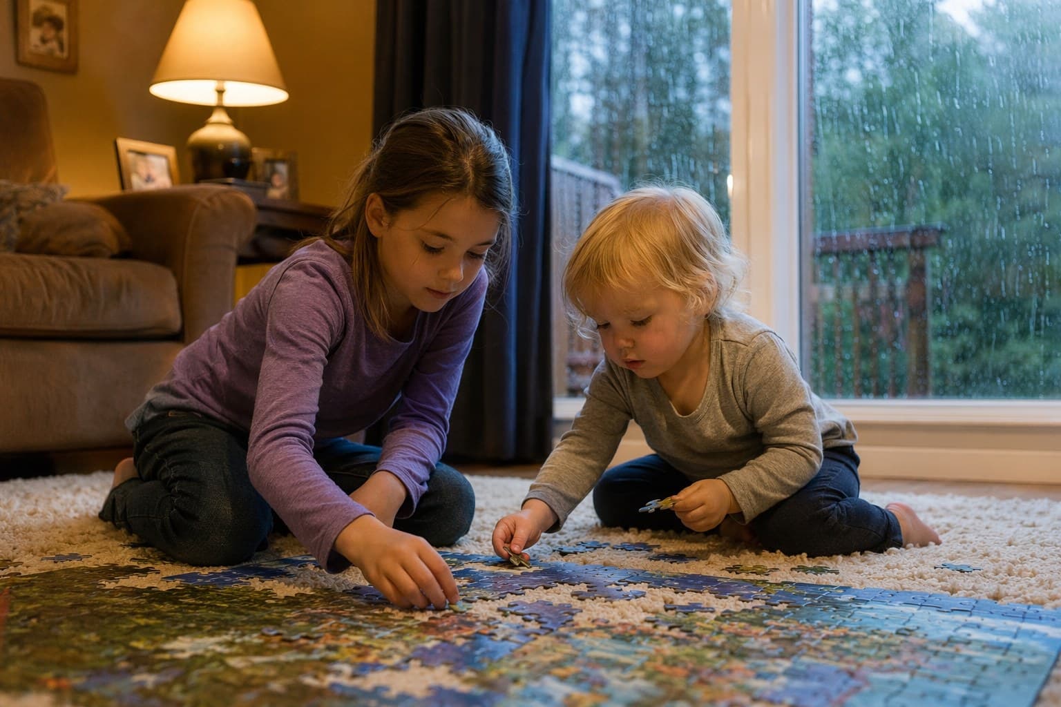 School-age child and toddler working a floor puzzle together on a rug while rain streaks the window behind them