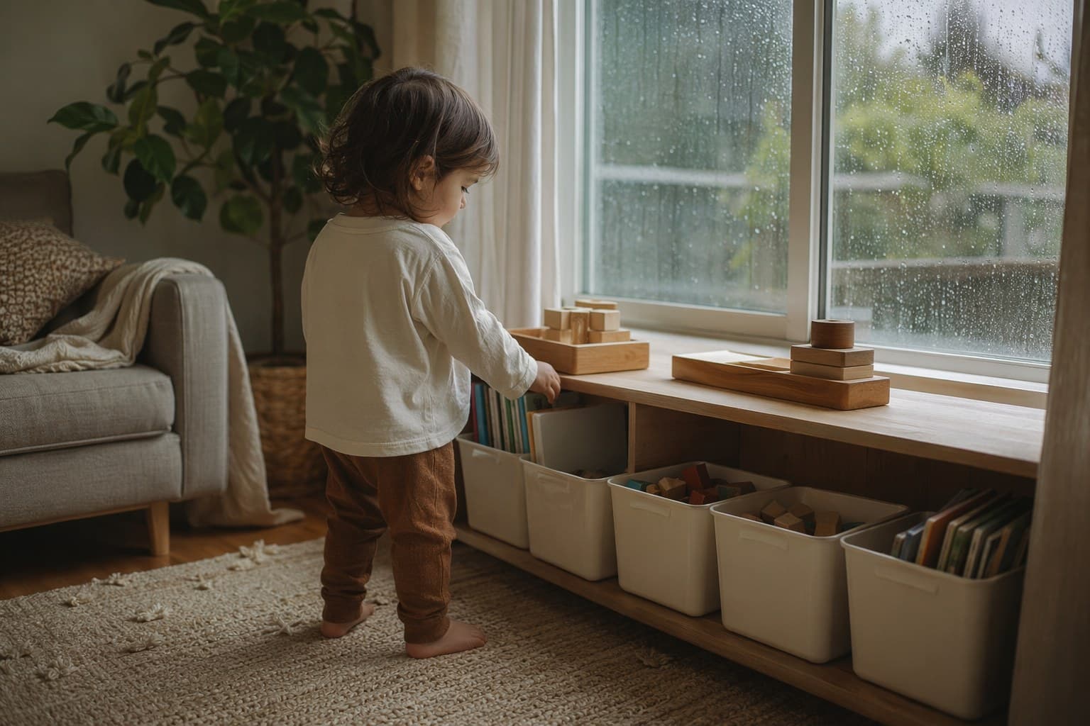 Child sorting colored objects into bins at a low shelf by a rainy window