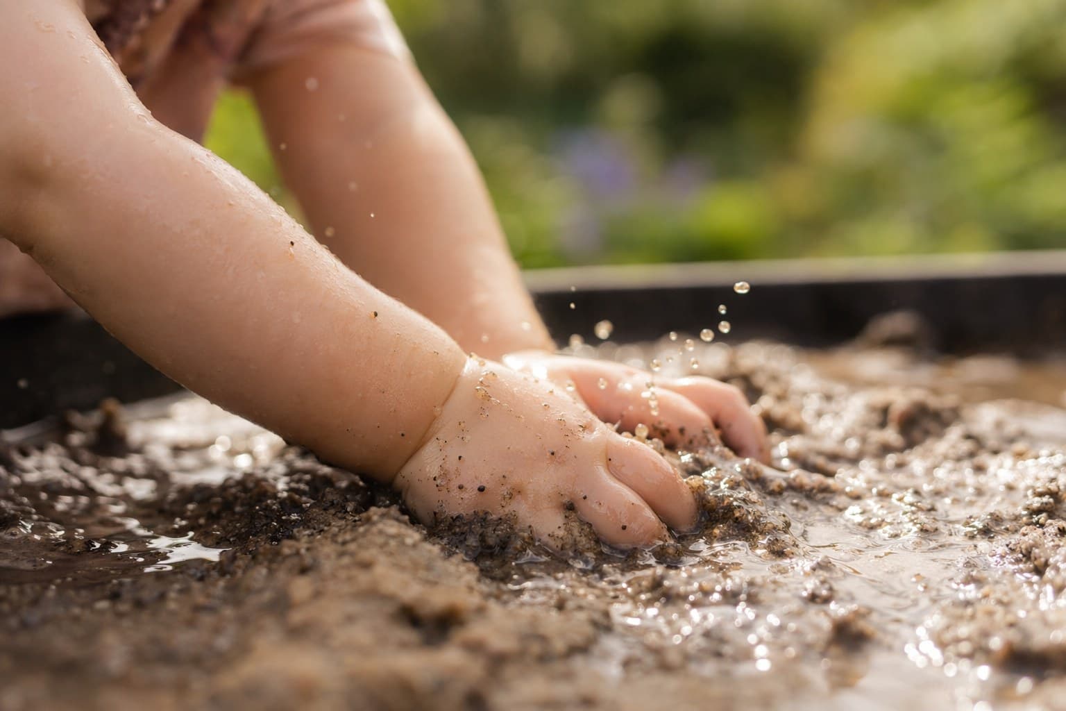 Close-up of a toddler's hands running through wet sand and water at an outdoor sensory table