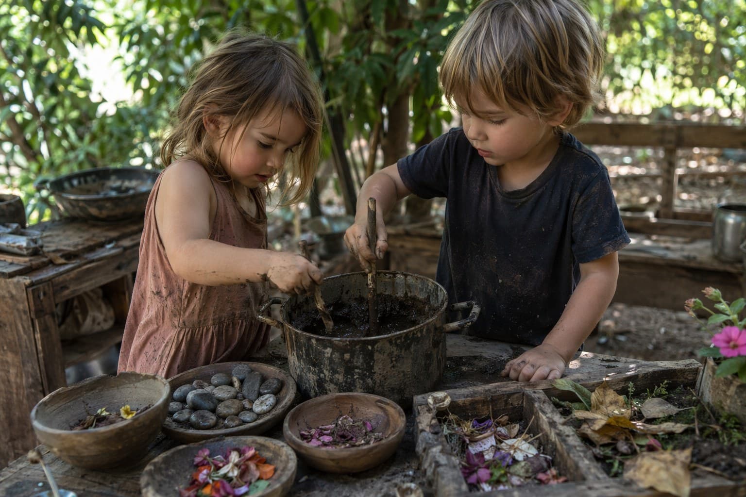 Two children at a rustic backyard mud kitchen stirring dark mud in a battered metal pot surrounded by leaves and petals