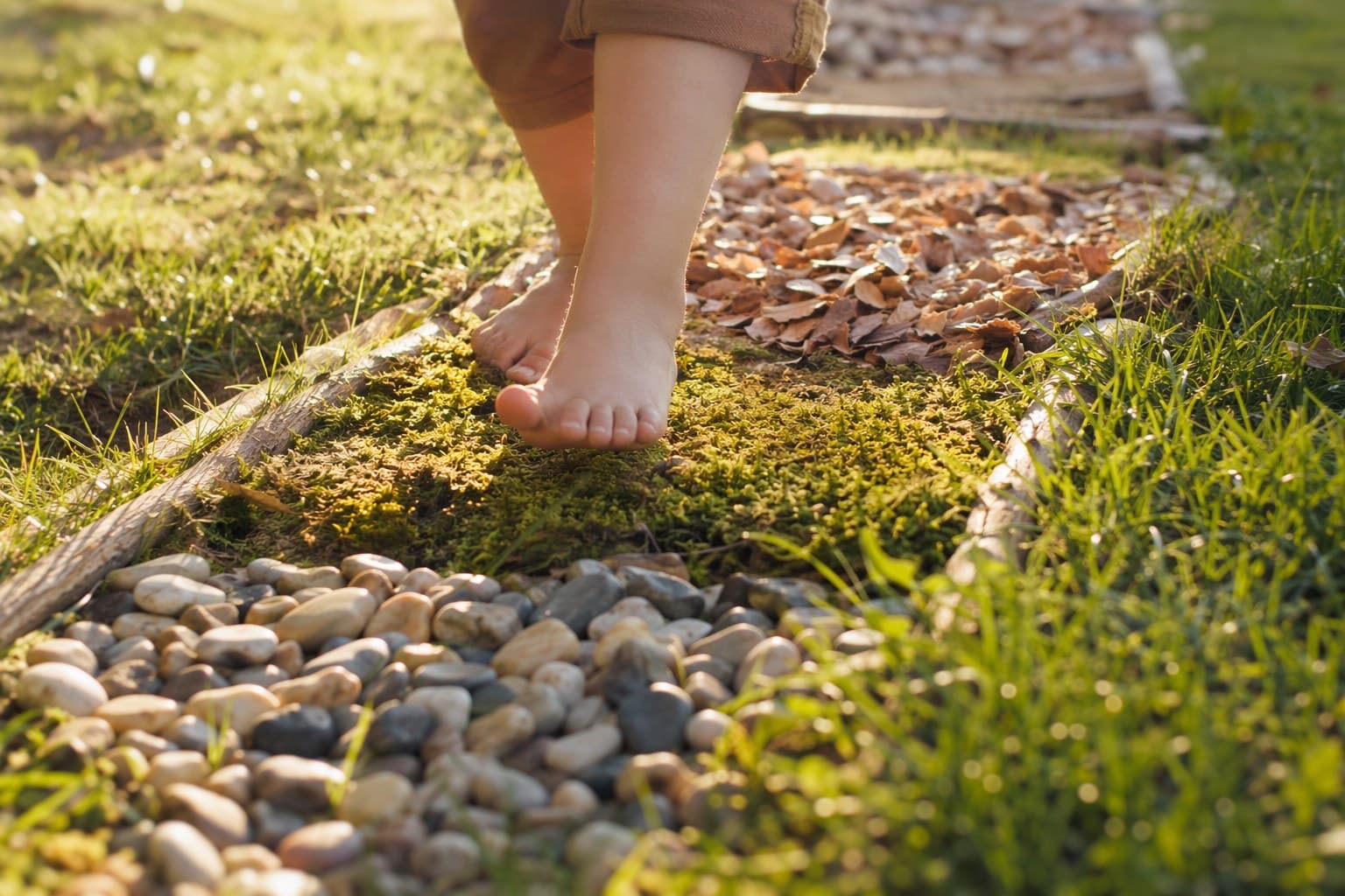 Small bare feet stepping across a homemade outdoor sensory path of pebbles, moss, and grass