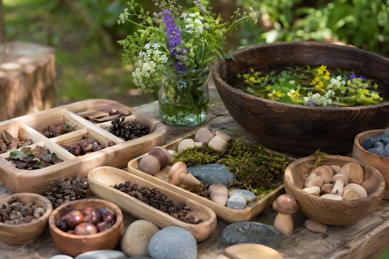 Young child crouched in a sunny backyard with hands in soil and smooth stones