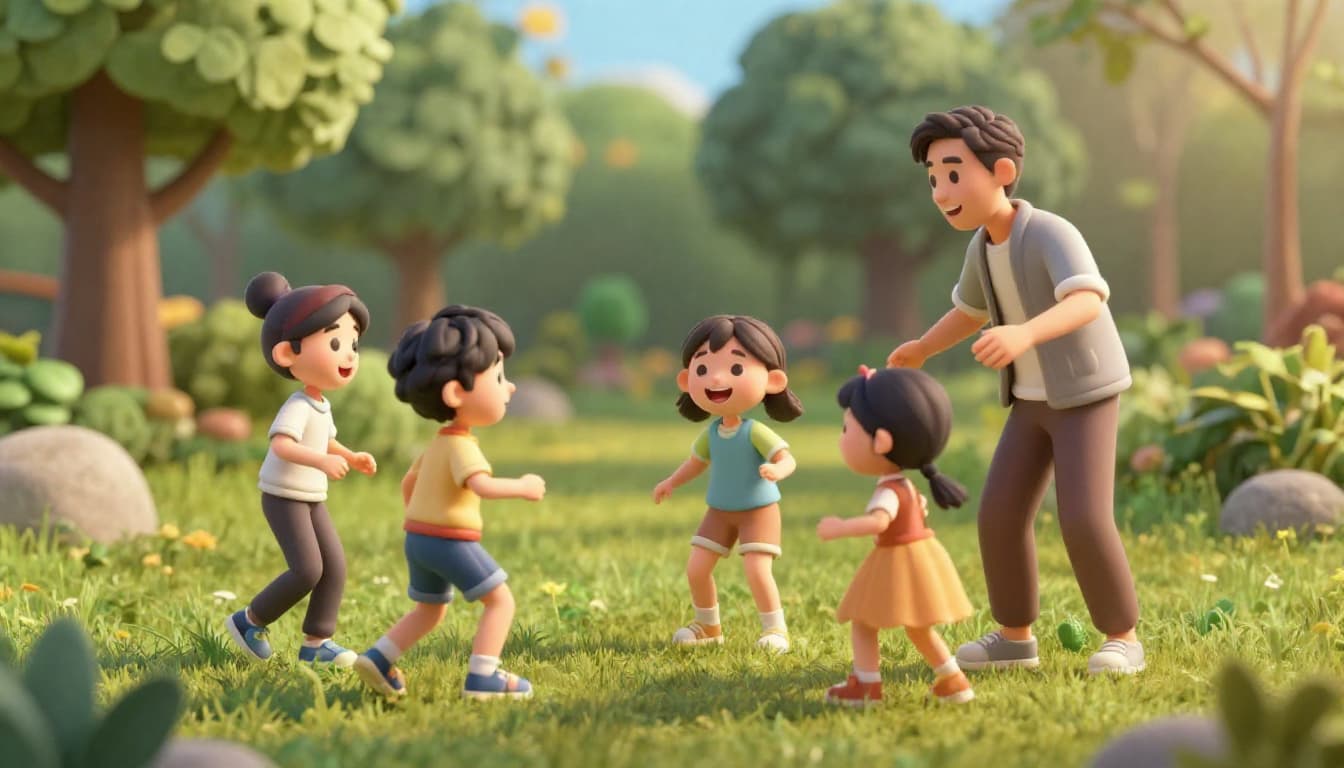 Family playing together in a wooded park, children laughing and running