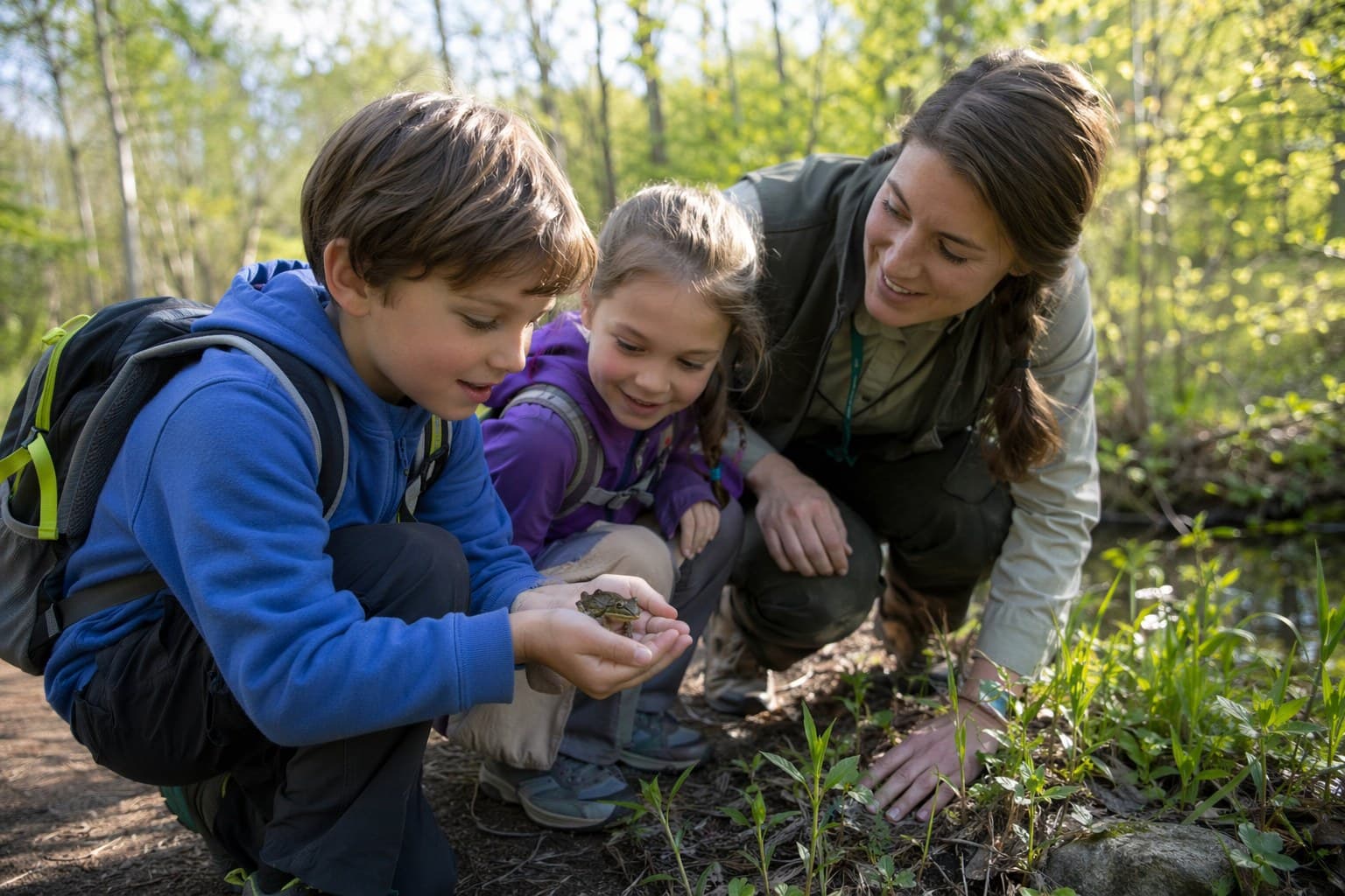 Children examining plants and animals during a spring field trip to a nature center