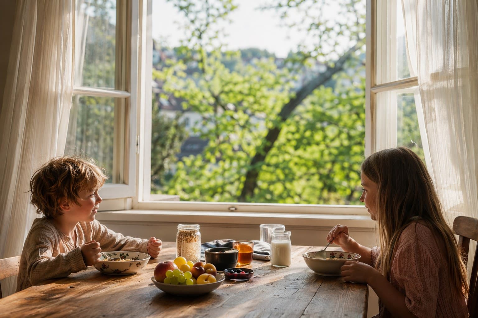 A relaxed family morning in early summer, children eating breakfast near an open window with soft natural light