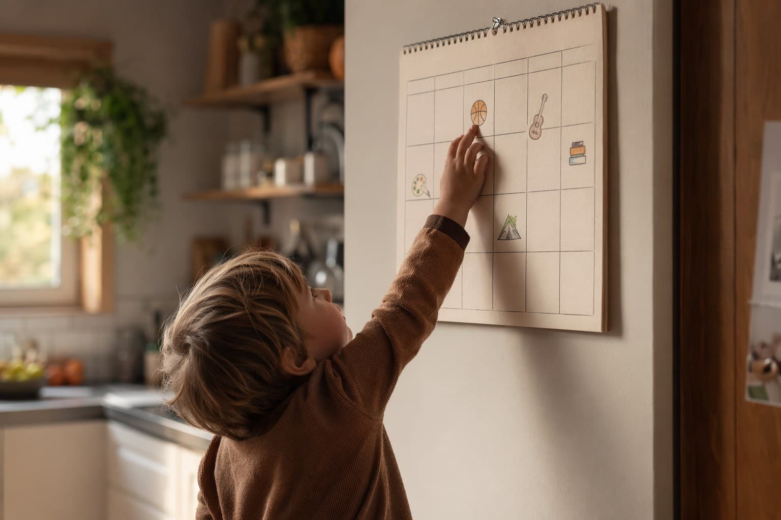 A simple weekly summer rhythm sketched on a kitchen wall calendar with a child reaching up toward it
