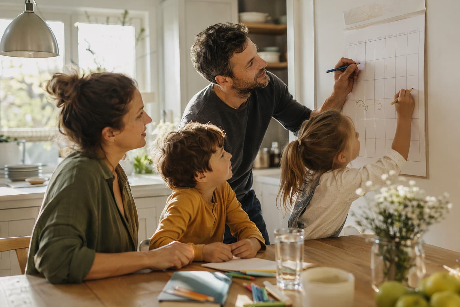 Family sitting at a kitchen table in early summer light, planning a wall calendar together