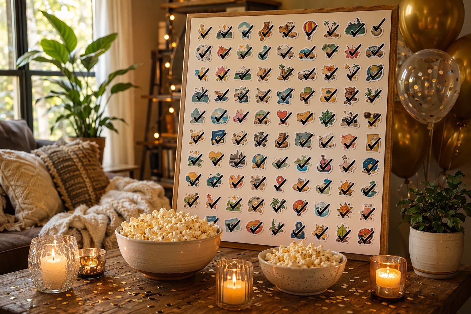Printed summer photos clipped to a warm string of fairy lights above a wooden table, soft evening glow