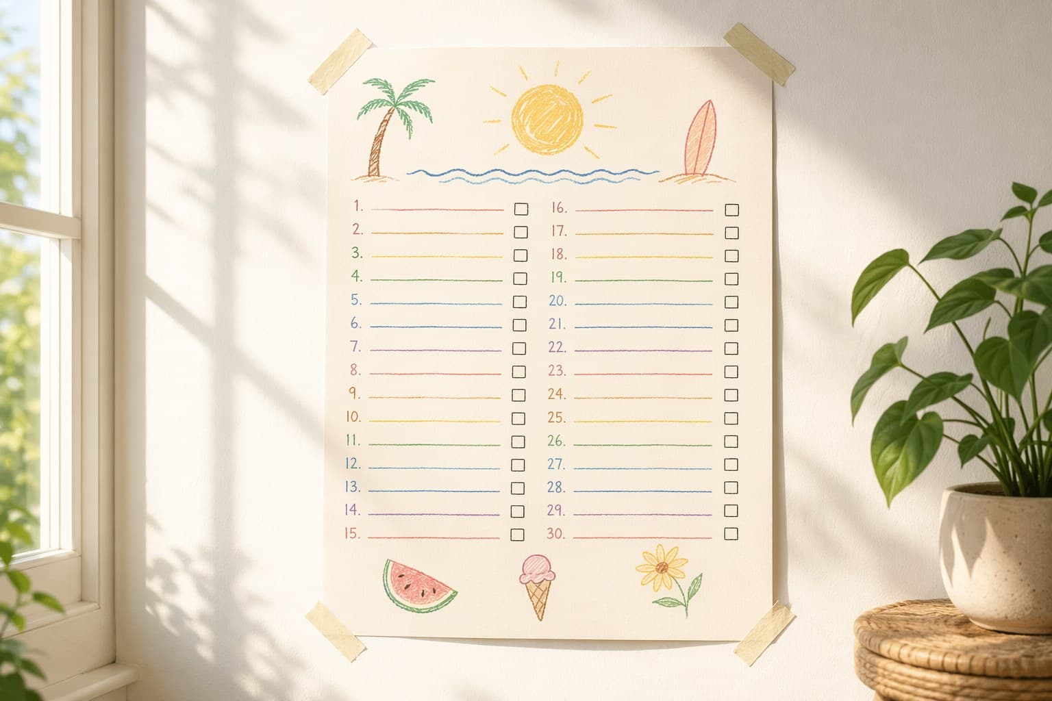 A handwritten summer bucket list poster with 30 numbered activities and empty checkboxes