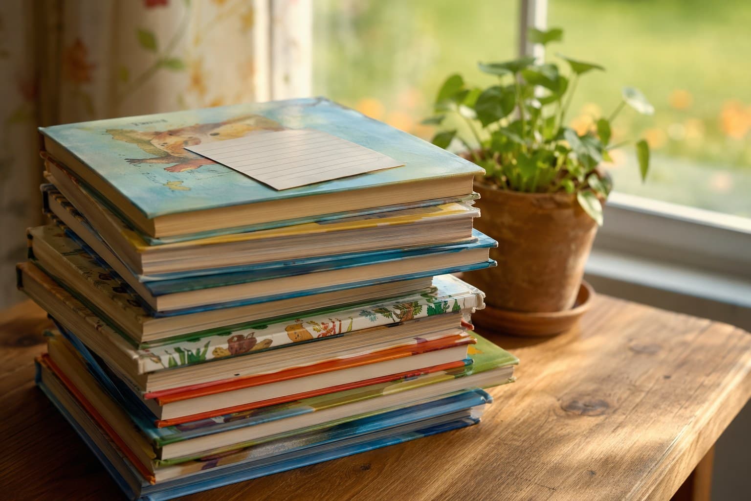Stack of summer reading books with a library card resting on top