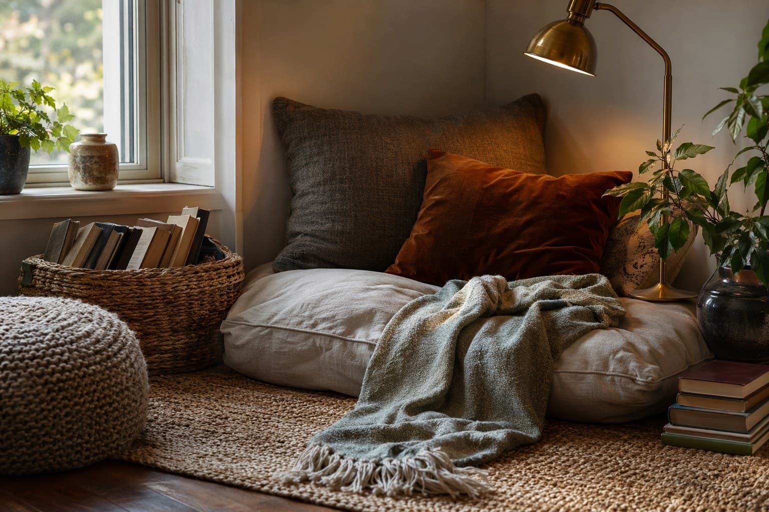 Cozy reading nook with floor pillows, a basket of books, and a small lamp in warm light