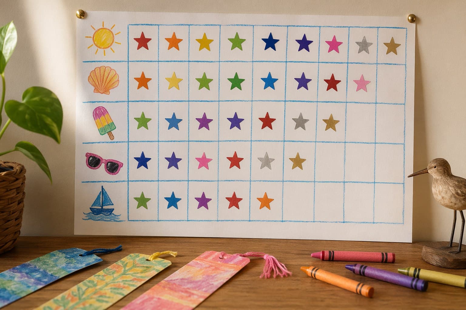 Family reading log chart on the wall with stickers marking finished books