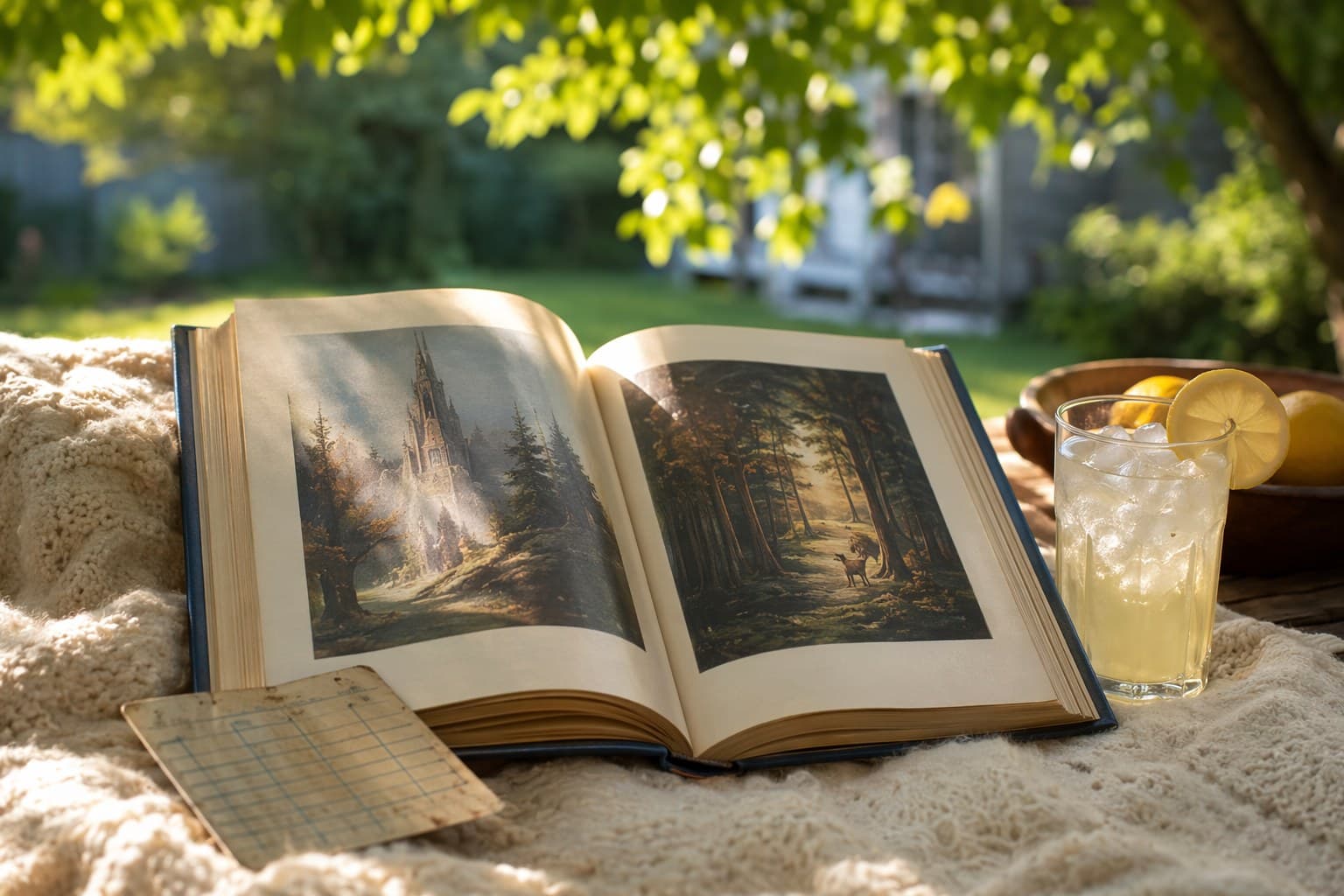 Child reading a book in a sunny outdoor spot on a summer afternoon