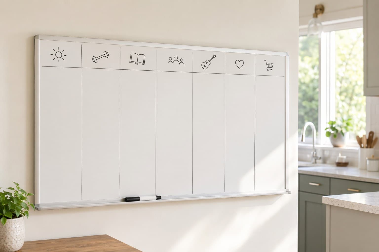 A dry-erase weekly schedule board with a few erasable anchor activities and large open spaces, beside a marker in natural light