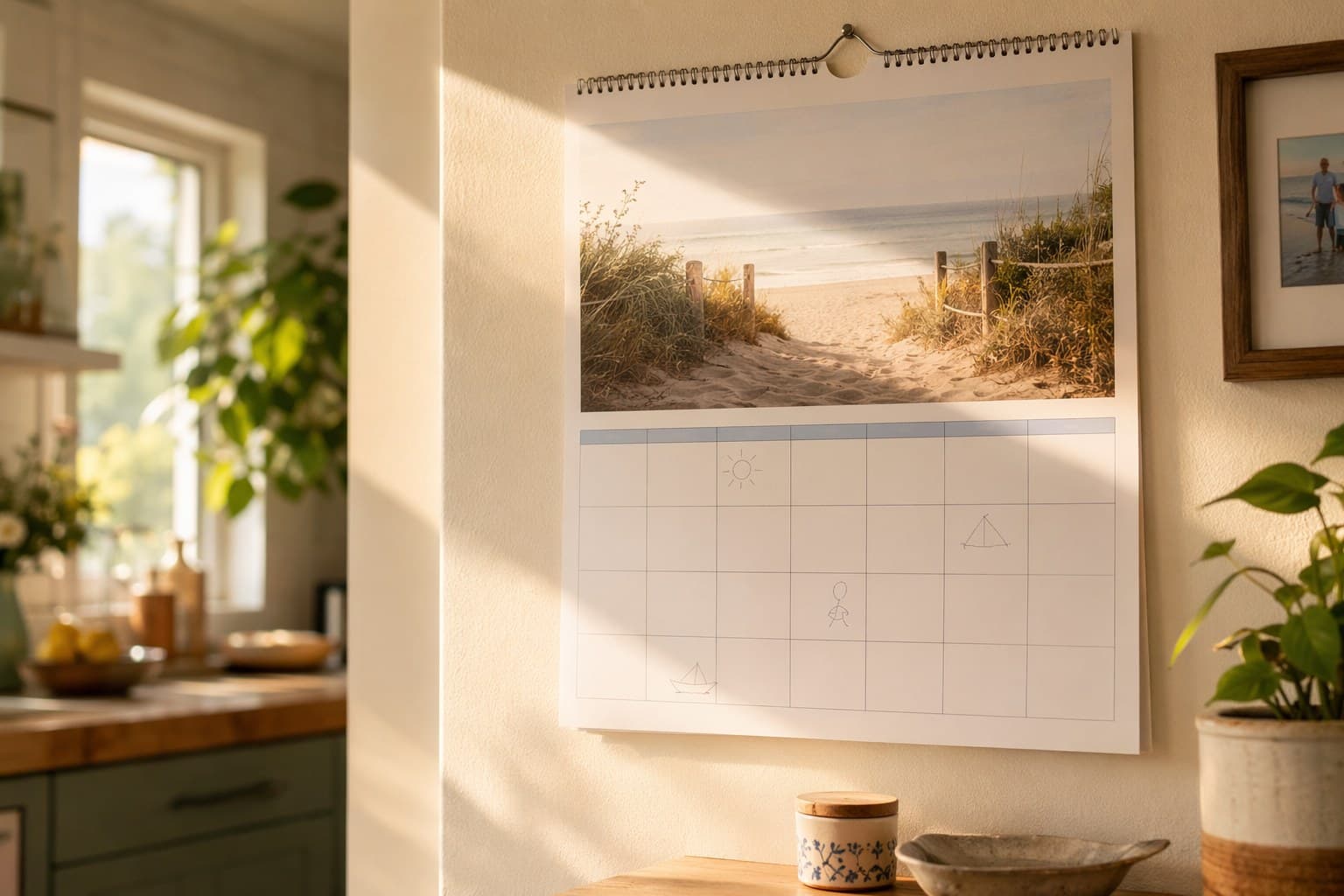 A summer family calendar on a kitchen wall with a few penciled-in activities and large open blocks, lit by warm morning light