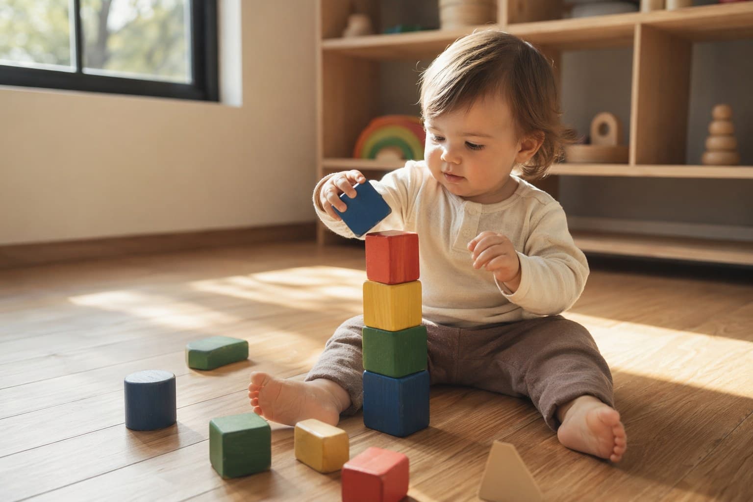 A toddler stacking large colorful wooden blocks on a sunlit wooden floor in a calm, uncluttered playroom