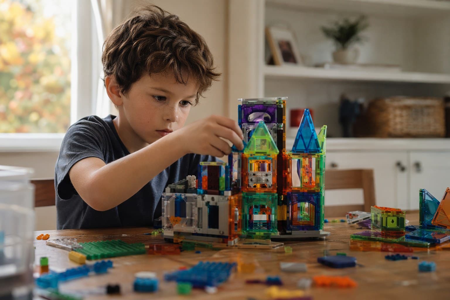 A young child deeply focused on building with magnetic tiles and bricks at a wooden table, scattered pieces nearby in warm afternoon light
