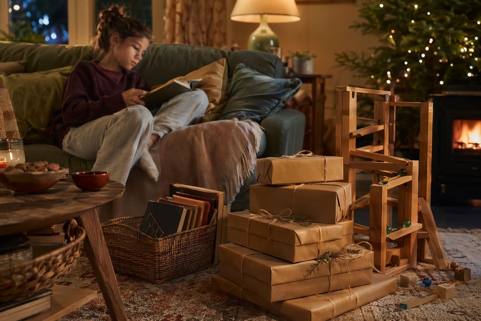 A cozy living room at gift-giving time with kraft-paper-wrapped presents beside a basket of books and a marble run, a tween reading by lamplight