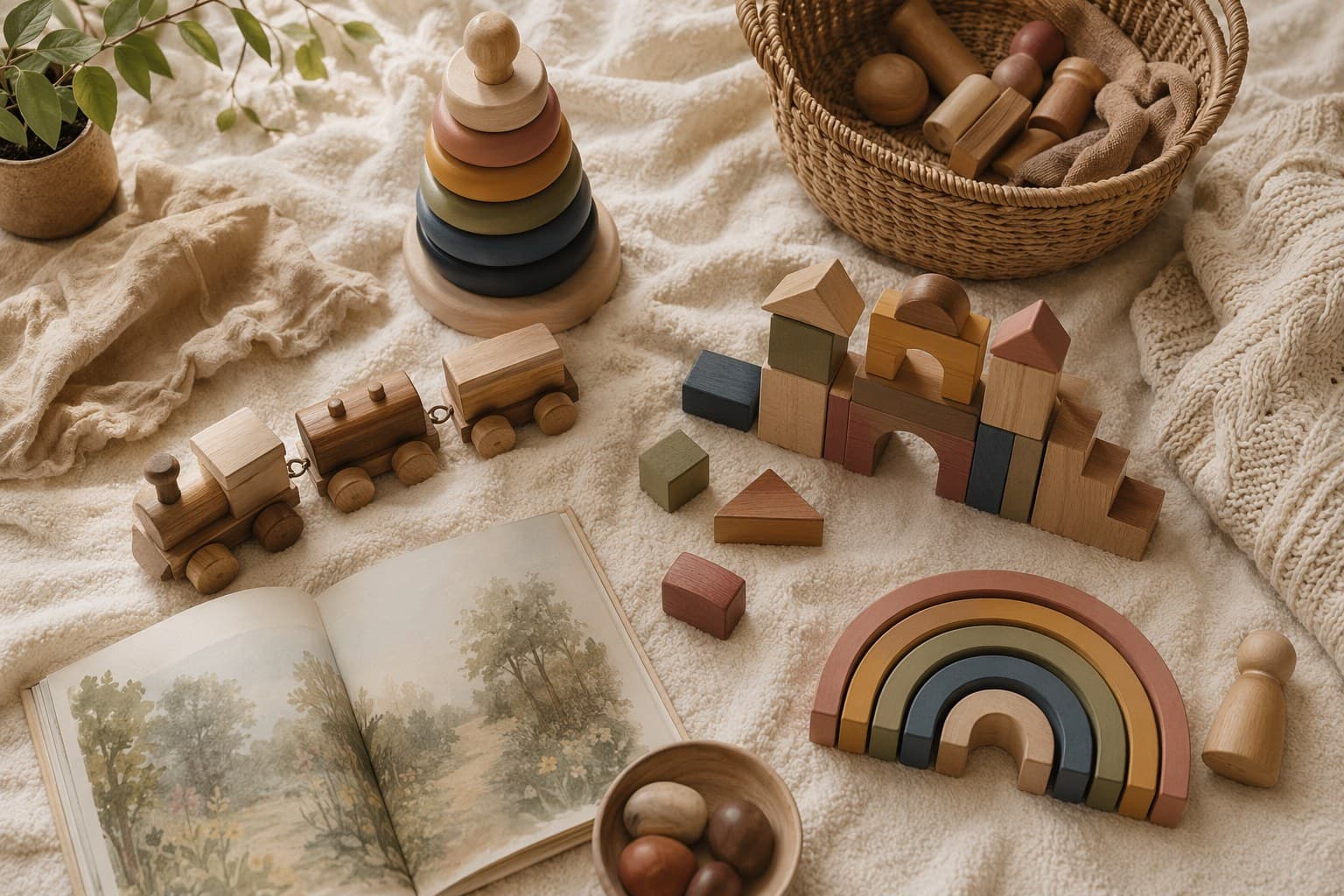 An intentional flat-lay of wooden and open-ended children's gifts arranged on a soft cream blanket in natural light