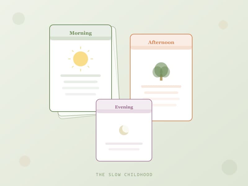 Printable daily rhythm cards spread on a wooden table